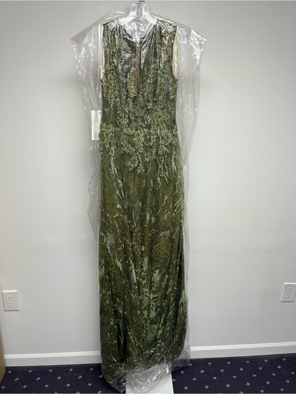 Mac Duggal 20166 Floral Lace A-Line Evening Gown NWT Olive Green - Picture 2 of 6